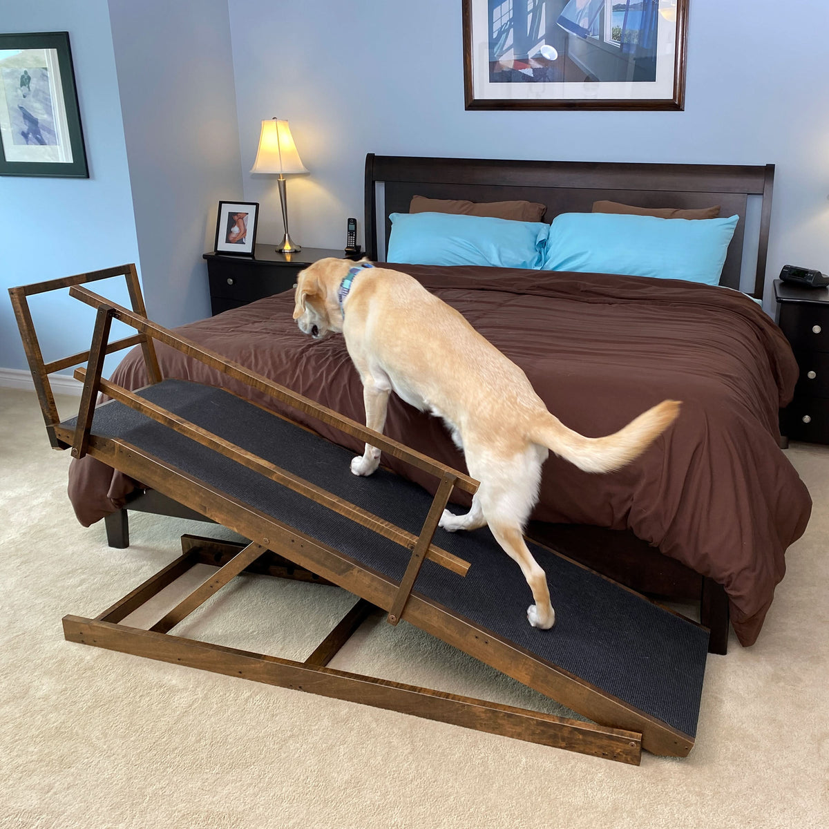 Walnut finish dog ramp for large dogs get on bed