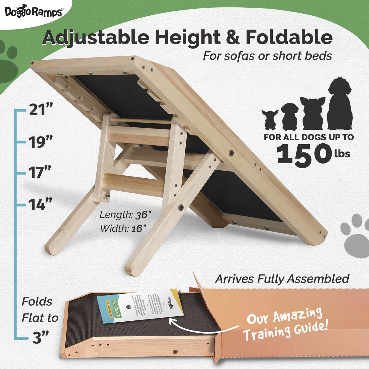 dog ramp for couch adjustable heights 22", 21", 20", 19", 18", 17", 16", 15", 14"