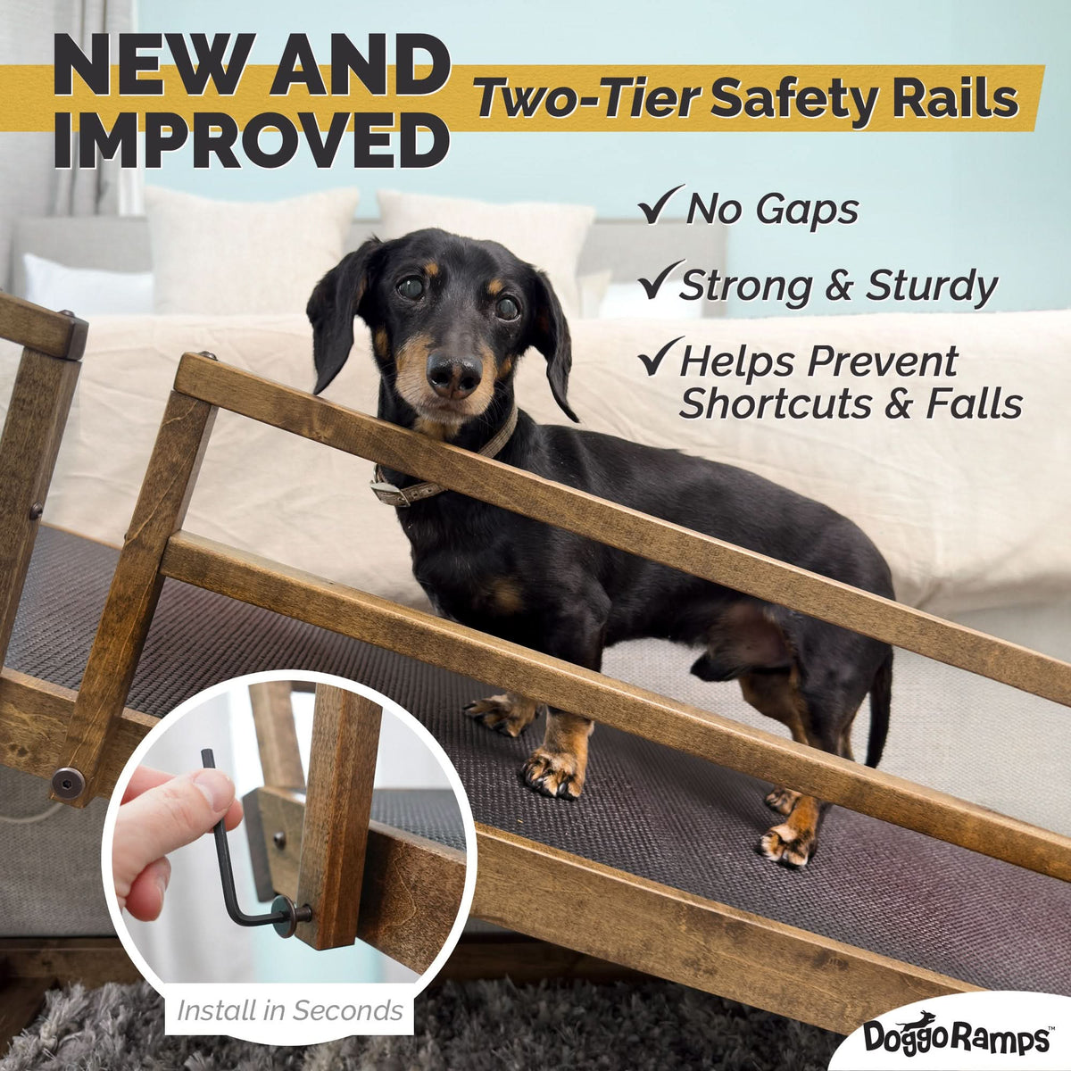 Dog ramp wtih safety rails for bed - strong and sturdy