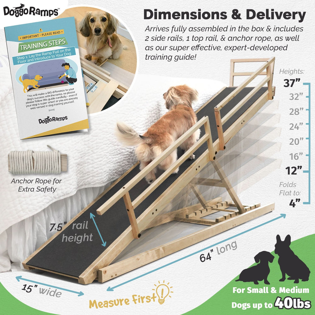 DoggoRamps small dog bed ramp dimensions and height adjustments - for high beds up to 37" tall