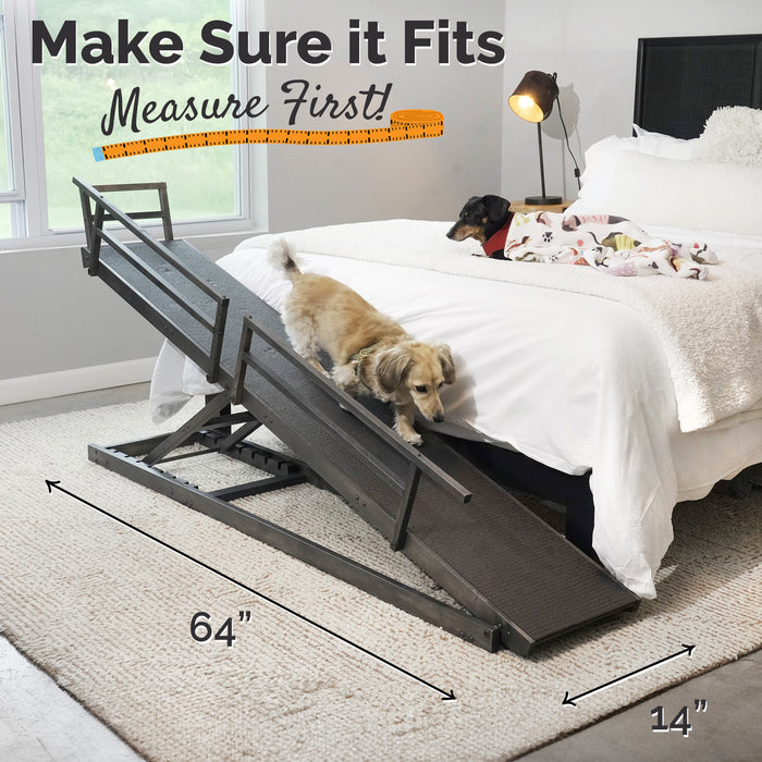 Dog using a ramp to get onto a bed with measurement details.