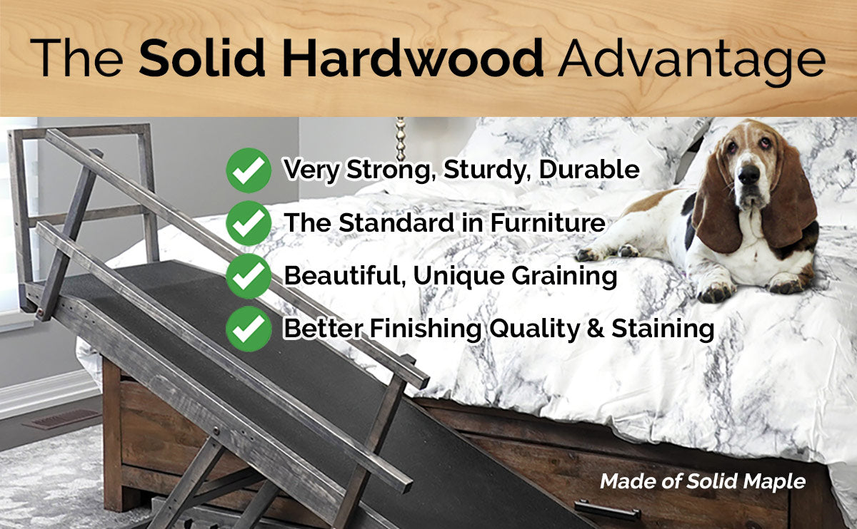 Benefits of solid hardwood dog ramp for bed for large dogs and large breeds, strong sturdy safer and furniture quality