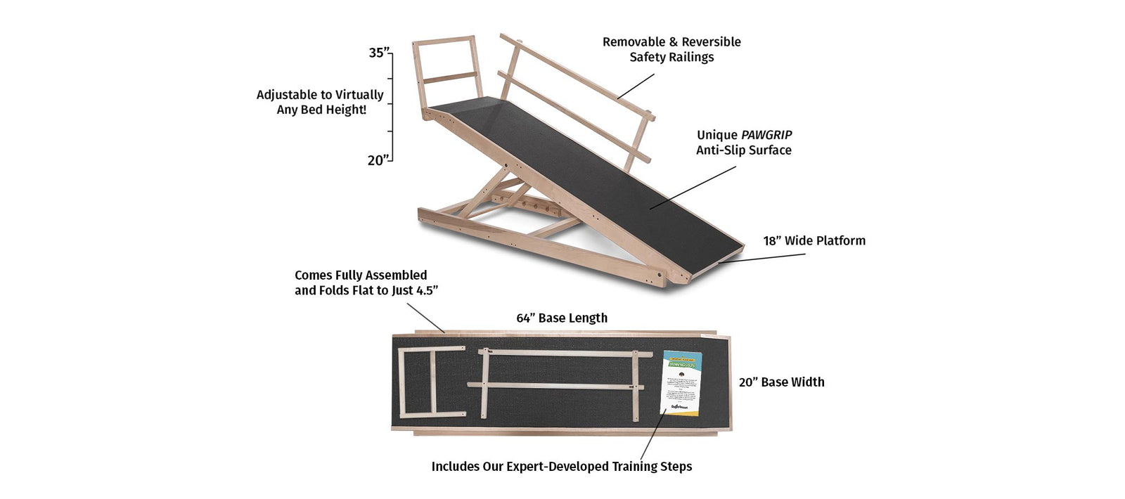 Bed Ramp for Medium & Large Dogs Adjustable Dog Ramp with Rails